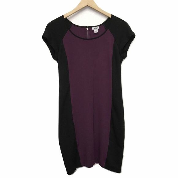 DKNY Color Block Plum Purple Short Cap Sleeve Knit  Mini Dress 8 - Picture 1 of 3